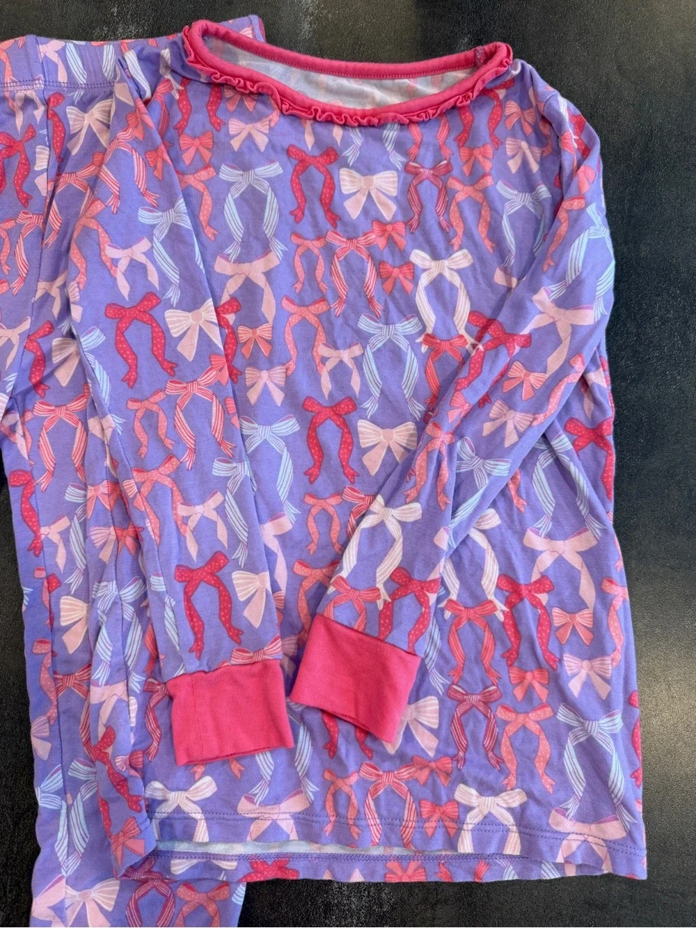 RuffleButts SoftSnooze Girls Bow Pajamas Purple Pink 7/8
